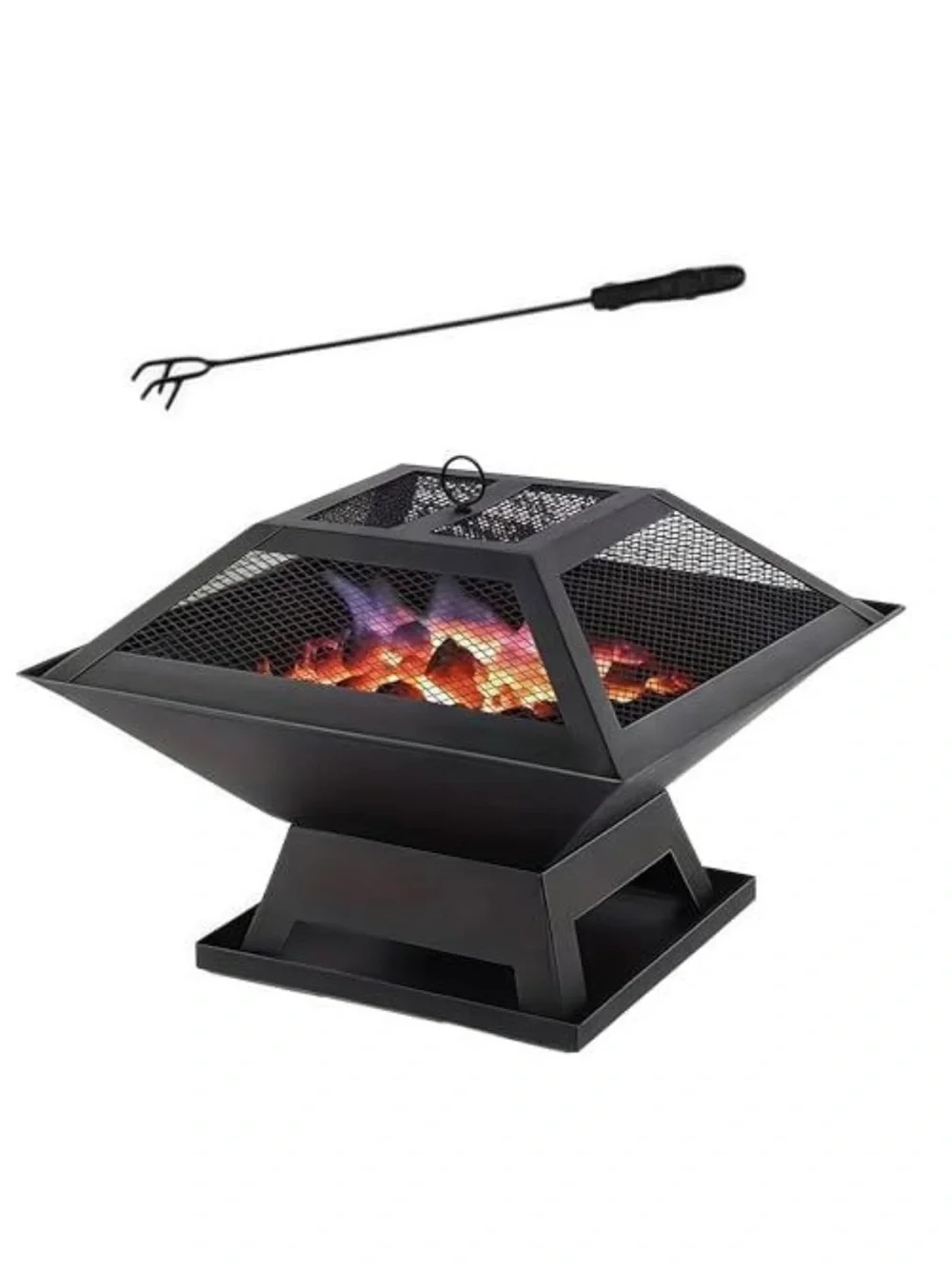 Amazon Black Square Outdoor Fire Pit with Mesh Spark Screen and Poker
